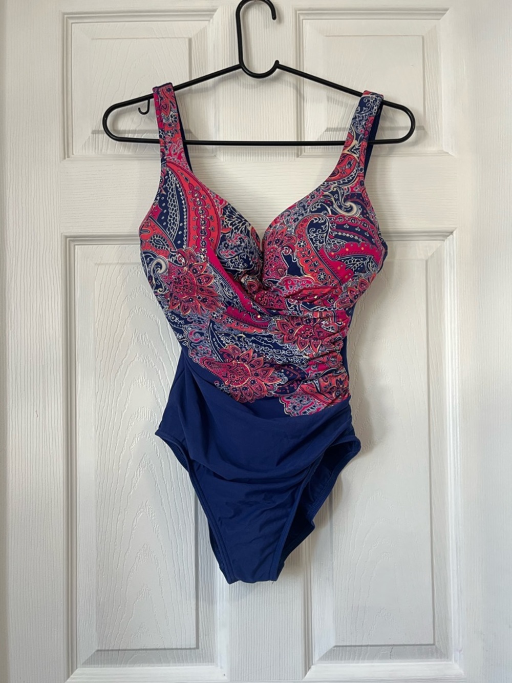 Miraclesuit Navy Pink Paisley Trim tummy control One-Piece swimsuit size 12